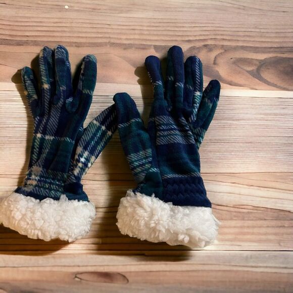 Cuddl Duds Blue Green Plaid Velour Faux Sherpa Gloves - Picture 1 of 3